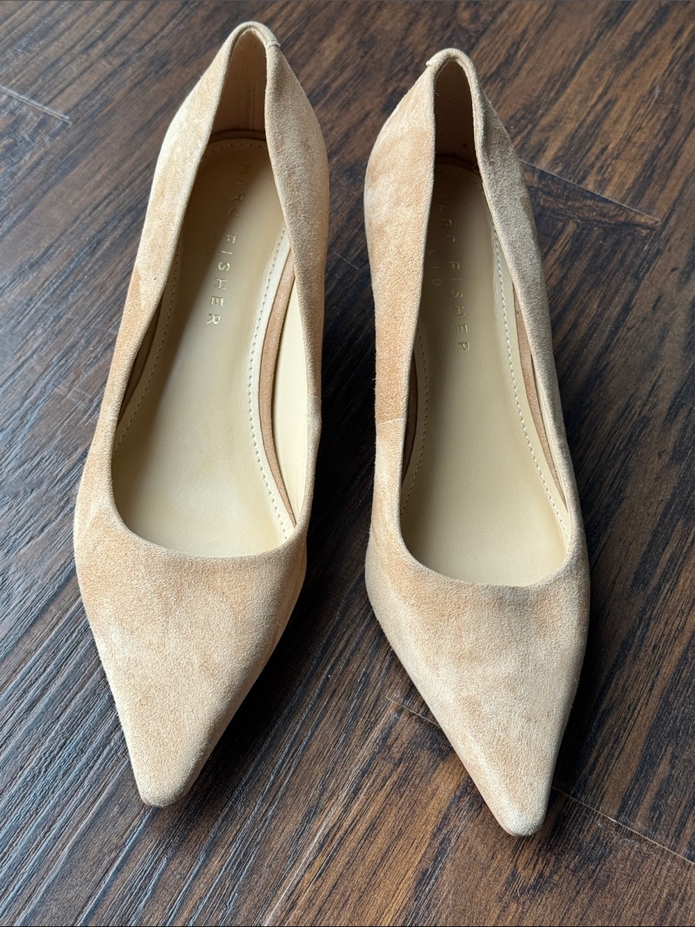 Marc Fisher Pointed Suede Kitten Pumps in Light Tan